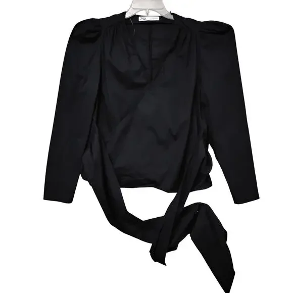 Zara Poplin Mock Wrap Blouse Size XL Black Long Puffy Sleeves Tie at the Waist - Picture 3 of 9